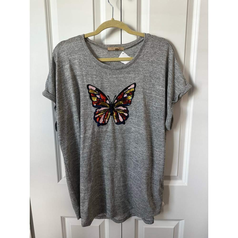 My Danielle Gray Multicolor Sequin Butterfly Short Sleeve Tee XL
